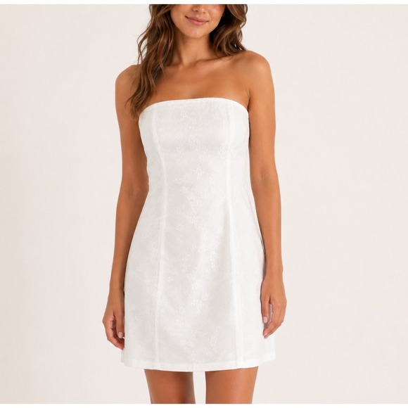 Reformation Dresses & Skirts - Reformation Dress Womens 10 White Jacquard Floral Strapless Sheath Mini Smocked